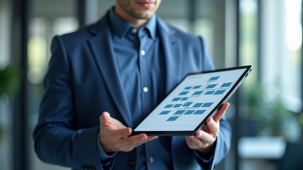 Organisationsdiagramm auf einem Tablet mit verschiedenen Hierarchieebenen und Verbindungslinien, digitale Darstellung von Strukturen