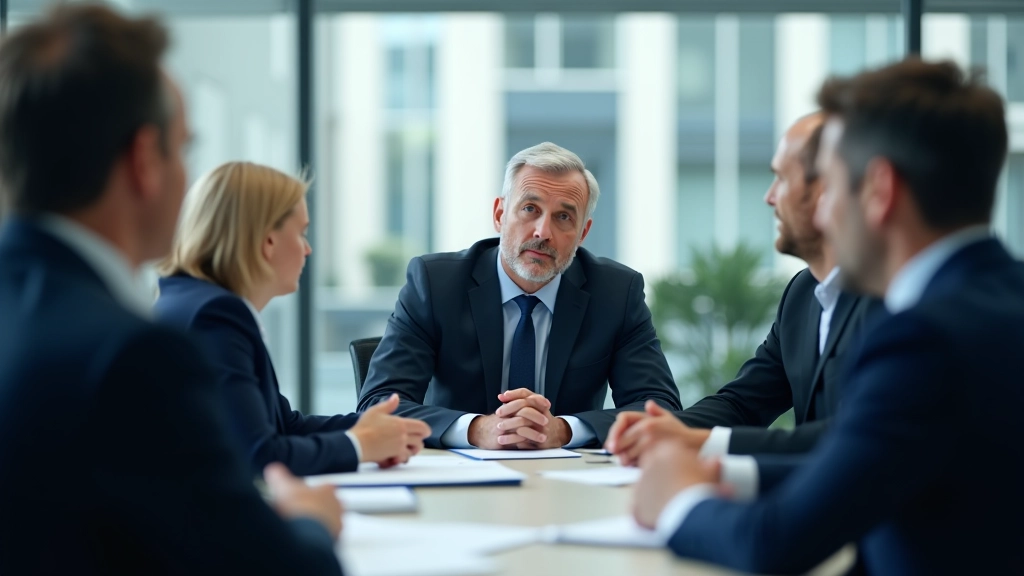 Geschäftsleute in Konferenzraum bei strategischer Diskussion und Risikoanalyse
