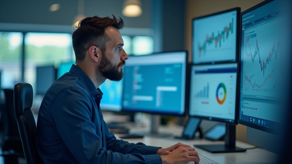 Finanzanalyst arbeitet am Schreibtisch mit mehreren Bildschirmen, Datenvisualisierung und Finanzcharts