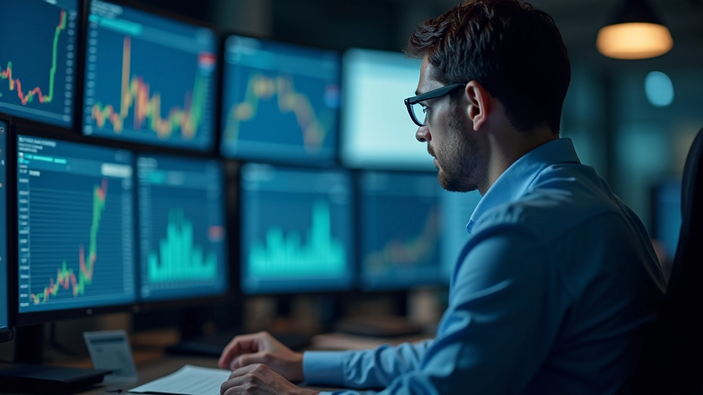 Finanzanalyst arbeitet an Schreibtisch mit Marktdaten und Analysen