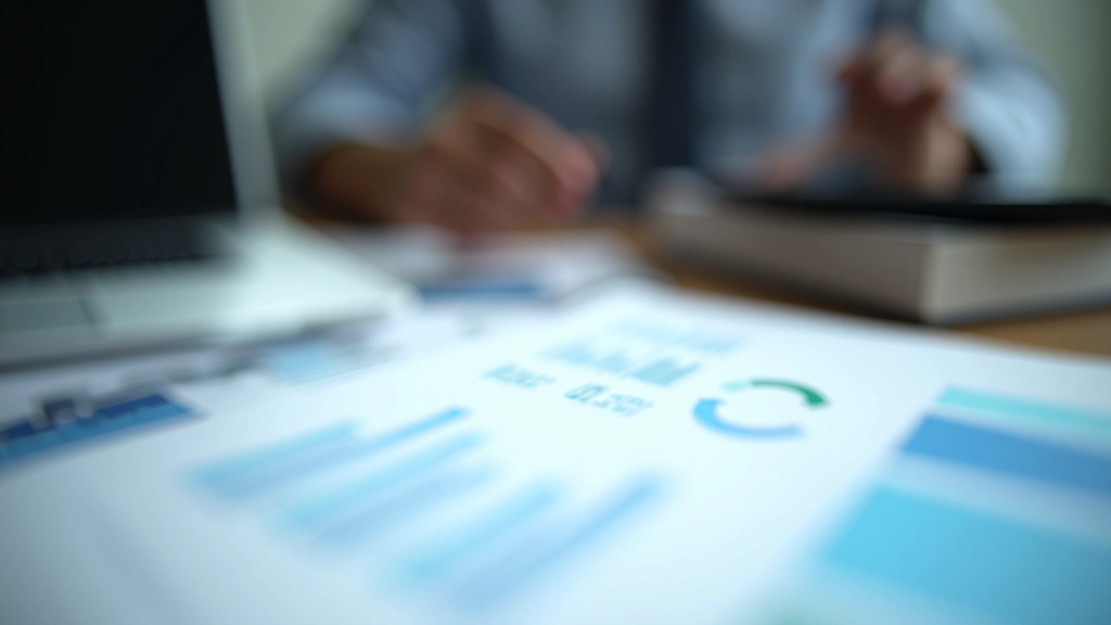 Arbeitsplatz mit Finanzunterlagen, Grafiken und Diagrammen auf dem Schreibtisch