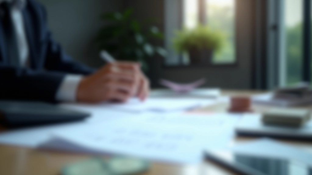 Schreibtisch mit Finanzberichten, Rechner und Geldscheinen in professionellem Umfeld