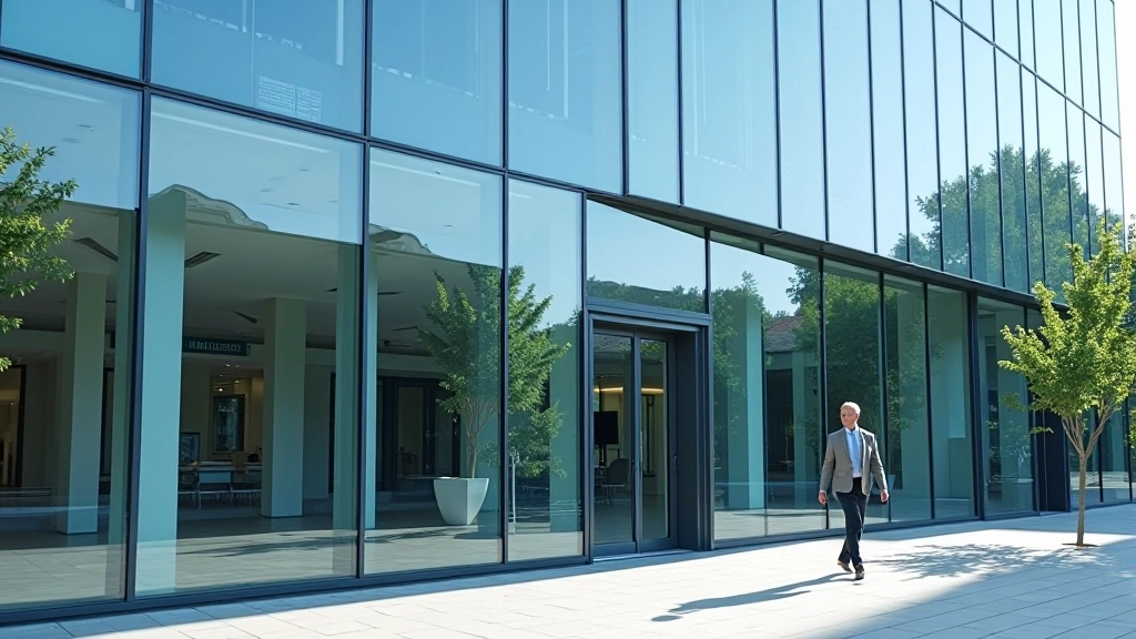 Modernes Bankgebäude mit Glassicherheit und professioneller Architektur symbolisiert Stabilität und Vertrauen