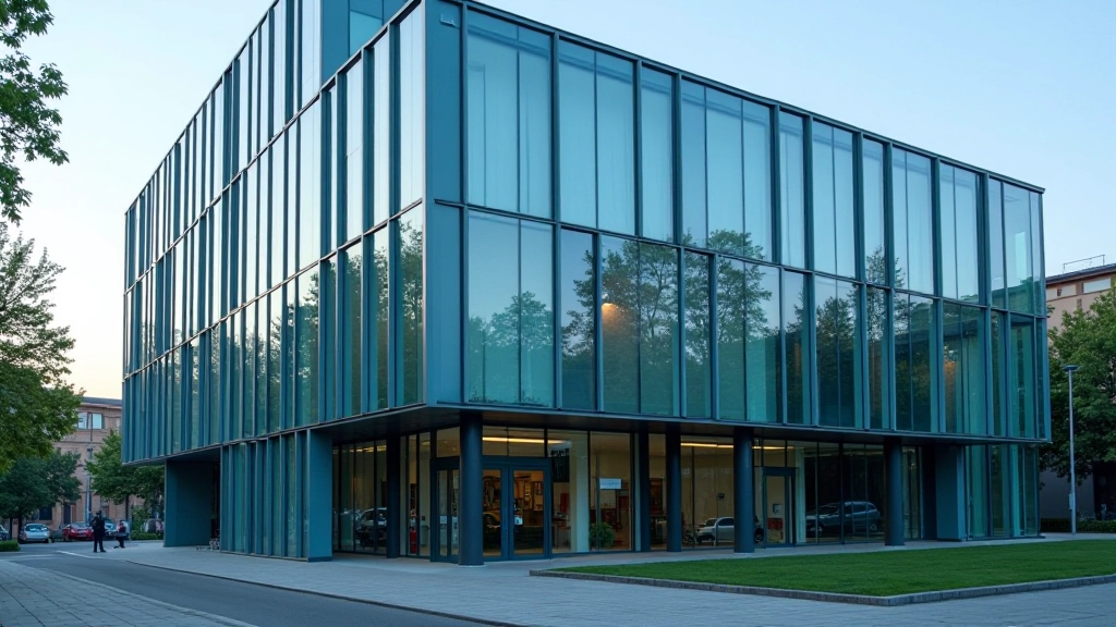 Modernes Bankgebäude mit Glasfassade und reflektierendem Design