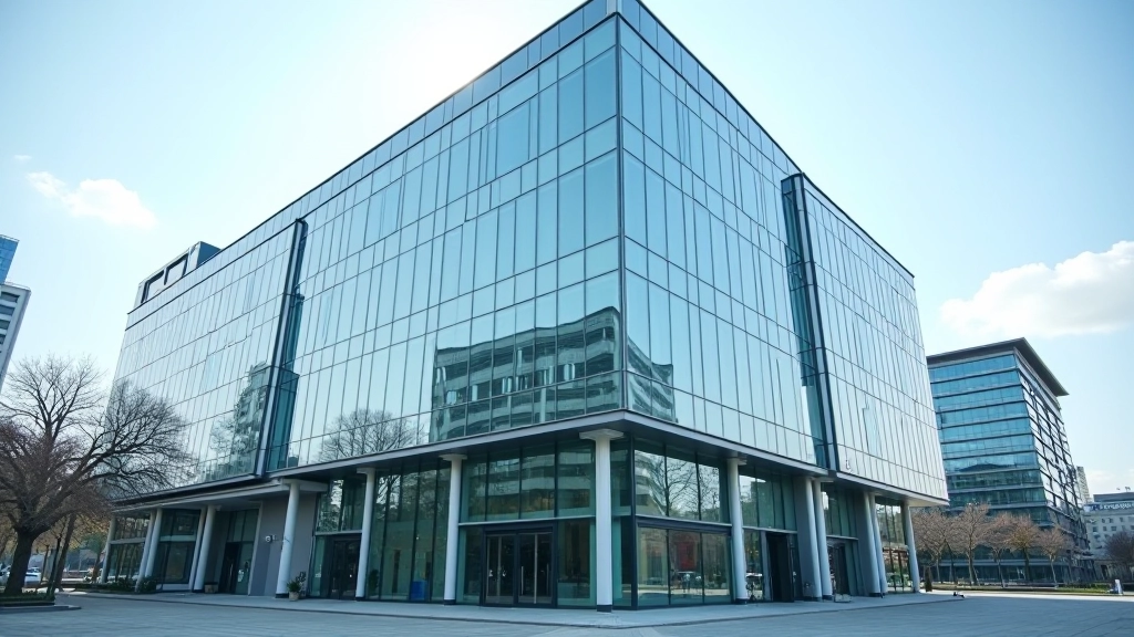 Modernes Bankgebäude mit Glas- und Stahlarchitektur, Geschäftsviertel bei Tageslicht