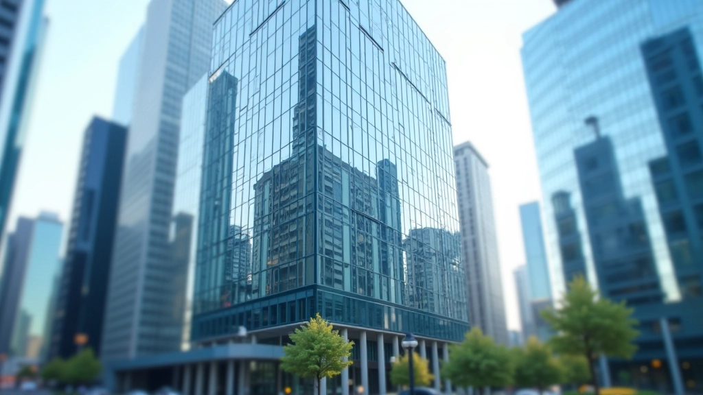 Modernes Bankgebäude mit professionellem Finanzumfeld und Geschäftsviertelhintergrund bei Tageslicht